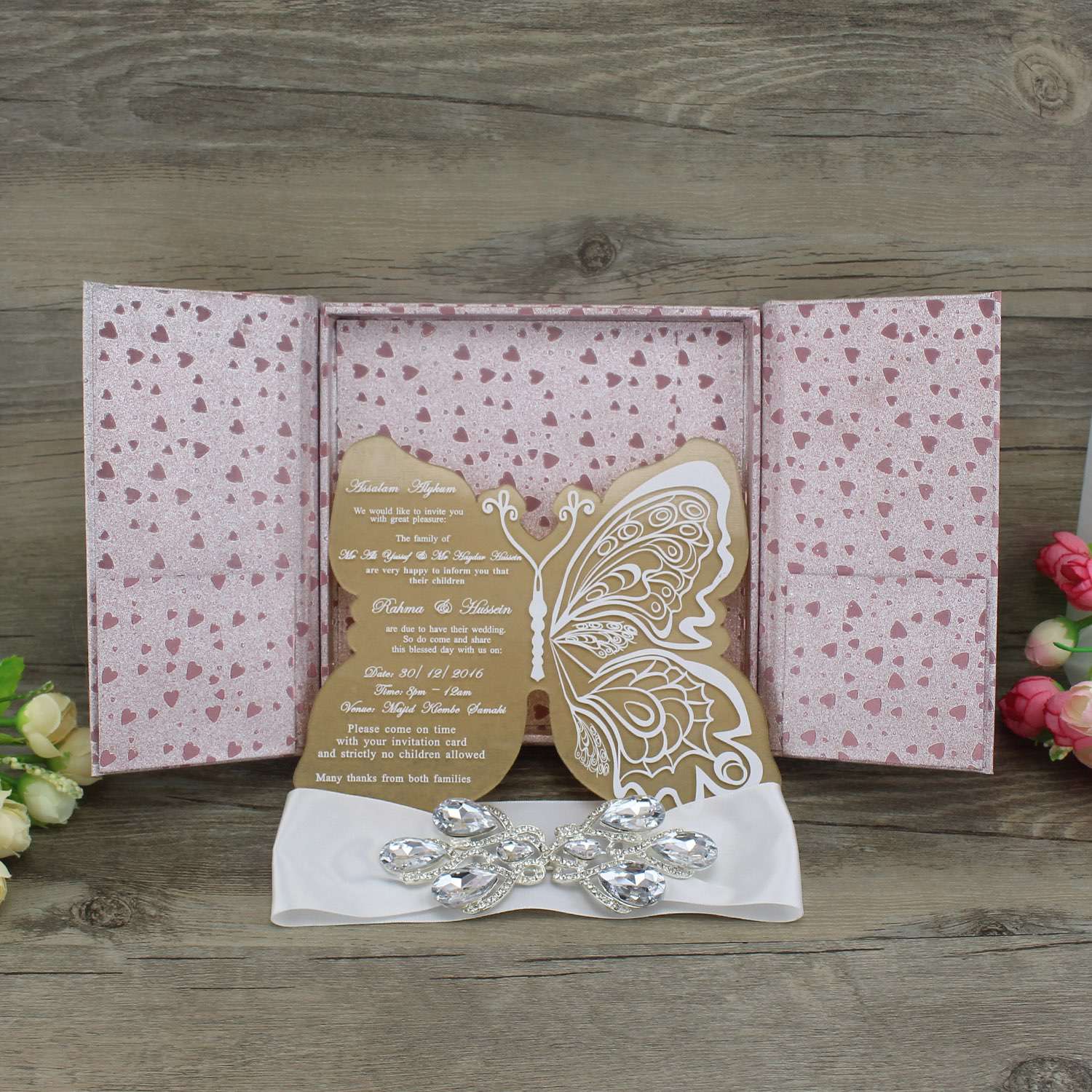 Pink Silk Box Invitation with Delicate Buckle Personalized Custom